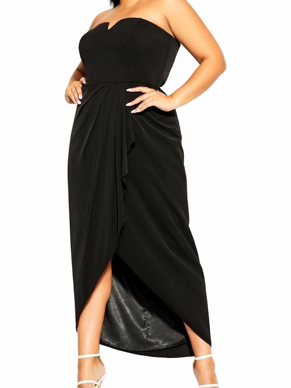 City Chic Black Strapless Sweetheart Draped Maxi Dress
